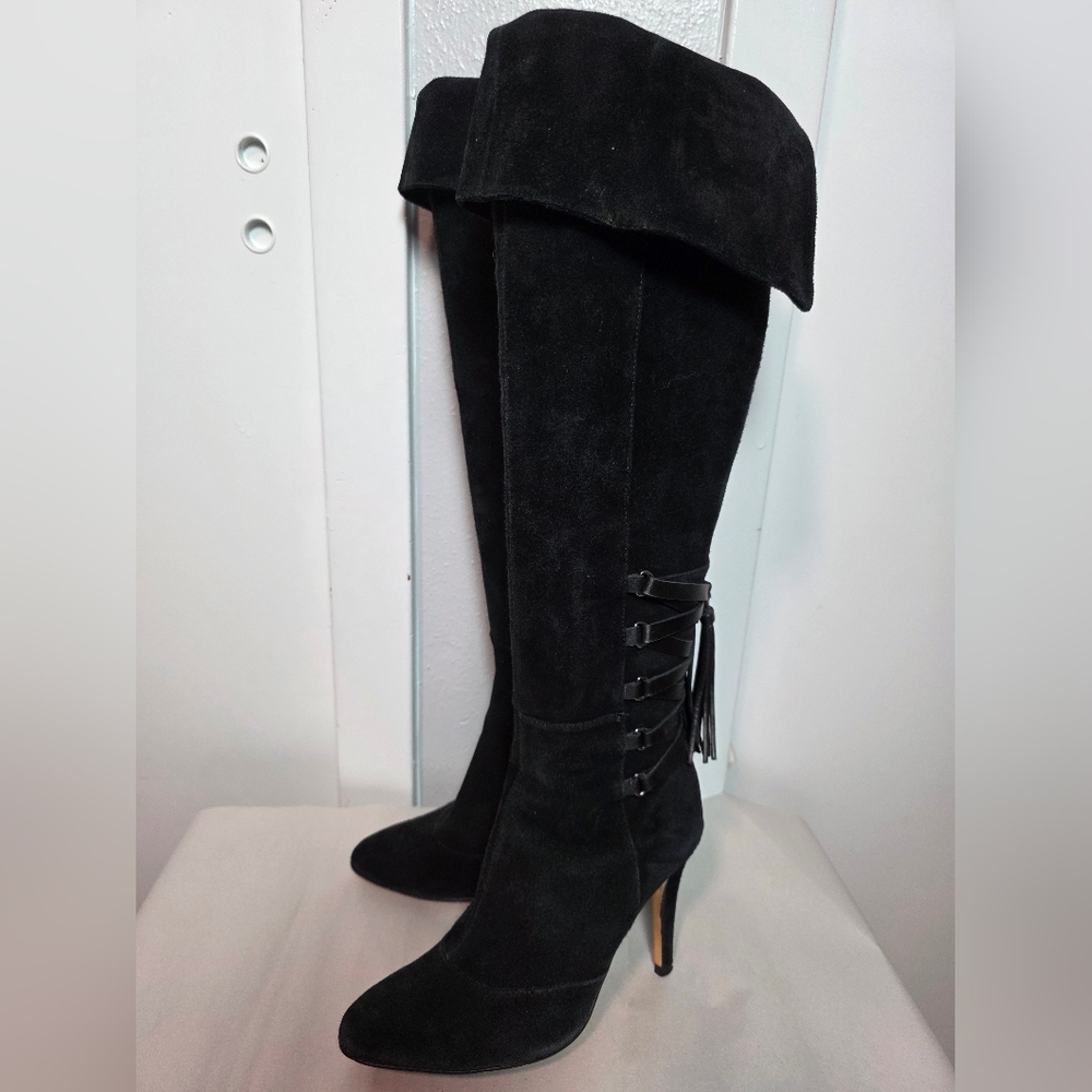 VANELI Black Suede OTK Tall Boots - Lace Up Back with Tassel - Vero Cuoio 6.5
